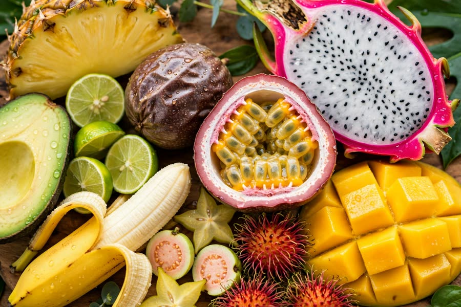 Frutas frescas tropicales al por mayor — piña, aguacate, mango, maracuyá y más